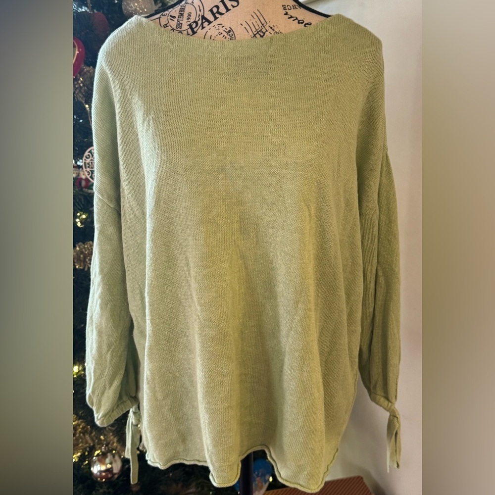 Eileen Fisher Green Organic Linen Sweater Gathered Tie Wrists Boatneck Large
